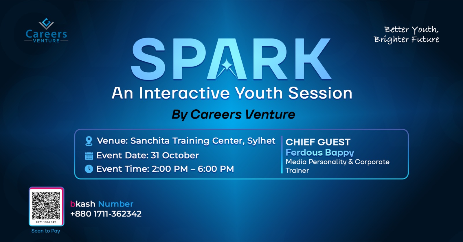 SPARK event poster: An Interactive Youth Session by Careers Venture, 31 October, Sanchita Training Center, Sylhet